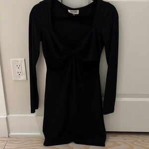 Elegant Black Long Sleeve Cut-Out Bow Dress